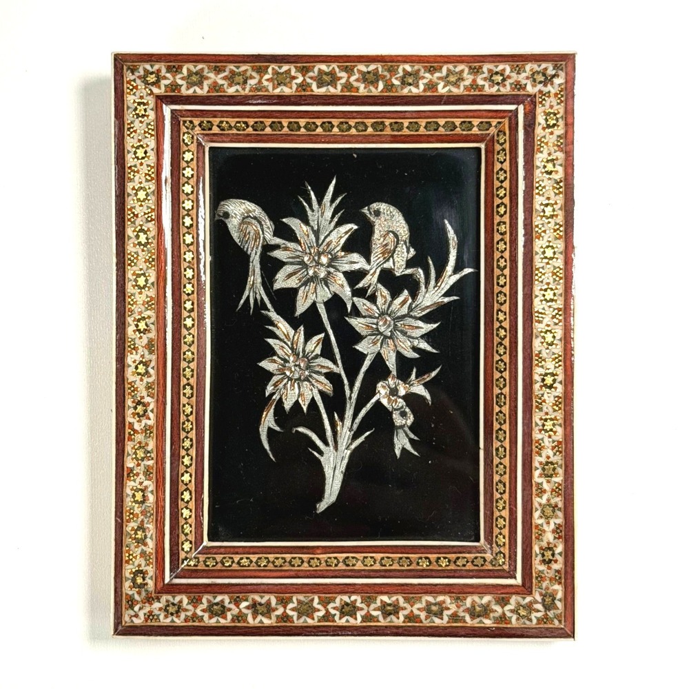 Handmade Ghalamzani Bird Flower Engraved Copper/Tin Khatam Marquetry Wood Frame